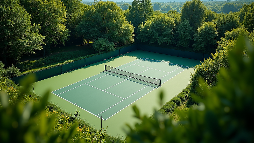 High angle view of a tennis court surrounded by green trees