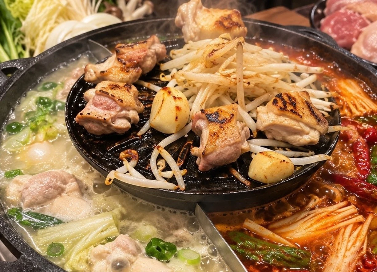 上段のプレートで焼く鶏肉と、下段で煮込む白と赤の二色スープ