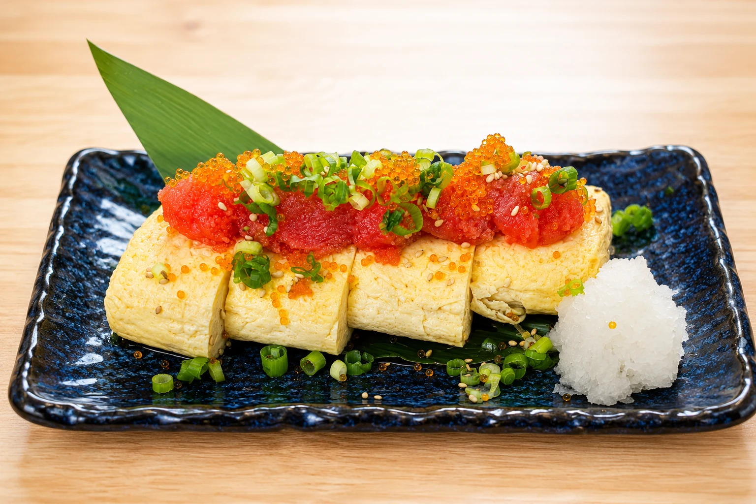 イクラと薬味をのせた玉子焼き