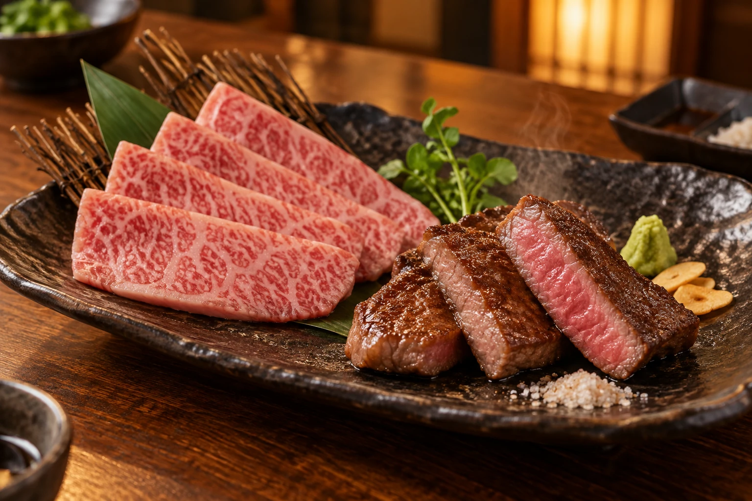 美しい霜降りの和牛と焼き上げた和牛のイメージ