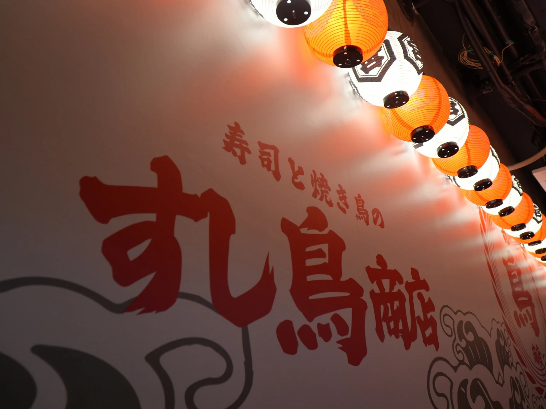 すし鳥商店の壁と提灯が並ぶ店内