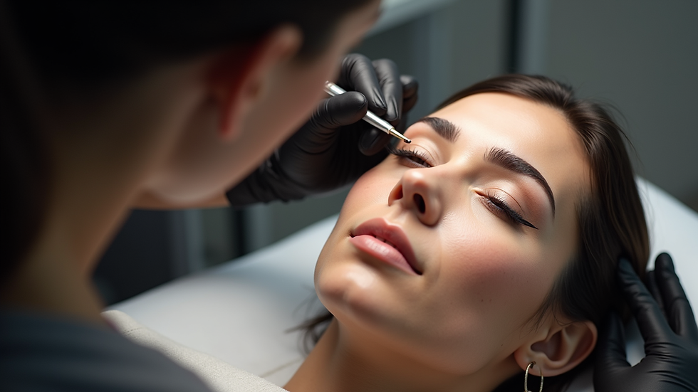 Eye-level view of a microblading artist working on a client’s eyebrows