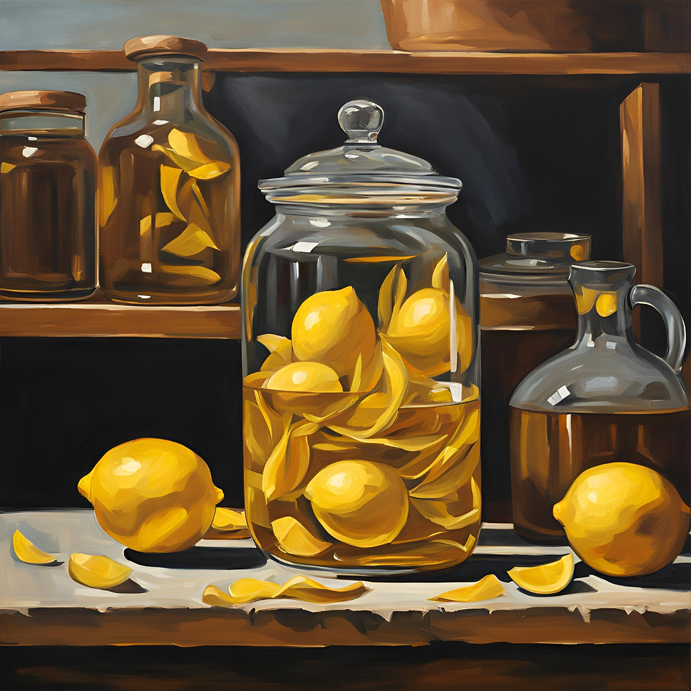 Uma imagem gerada por IA de uma bancada com potes de vidro contendo casca de limão em infusão com alcool.