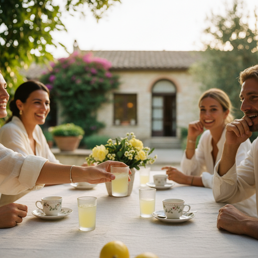 Lifestyle photography, Italian summer vibe, atmospheric, candid moment: A sophisticated post-meal gathering on a sun-drenched Italian terrace during golden hour. Soft, warm light illuminates a rustic wooden table, artfully arranged with delicate, finished espresso cups and small, elegant frosted shot glasses filled with vibrant, chilled limoncello, showing exquisite condensation droplets. Guests, seen in a natural and unposed 'candid moment', are engaged in relaxed conversation, perhaps one hand gently reaching for a limoncello glass. In the background, lush Mediterranean foliage and a hint of a charming stone villa create a serene, out-of-focus (bokeh) backdrop, embodying the 'dolce vita' spirit. The scene captures the essence of the 'ammazzacaffè' ritual, emphasizing lightness and convivial sophistication.