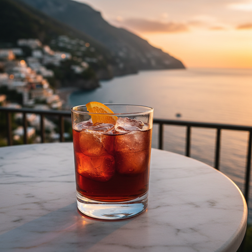 Uma fotografia realista e aspiracional de um elegante Negroni Sbagliato com um toque de limoncello, em um copo de cristal sofisticado, com gelo e uma fatia de laranja. O coquetel exibe um tom rubi profundo com um brilho dourado sutil. Ele está apoiado em uma mesa de aperitivo de madeira escura ou mármore claro, em uma varanda luxuosa com vista para o mar da Costa Amalfitana ao pôr do sol (golden hour). A cena evoca a 'dolce vita' italiana, com iluminação natural quente e um ambiente convidativo de celebração. Foco no coquetel em primeiro plano com o cenário elegantemente desfocado