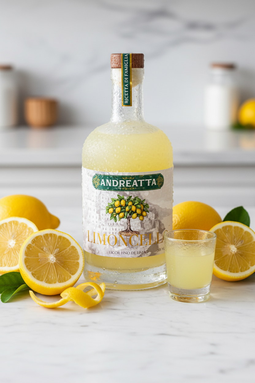 Eye-level close-up, high-end food photography studio lighting, focusing on exquisite product detail. The primary subject is a premium tall frosted glass bottle of Andreatta limoncello with exactly as the attached image reference, positioned centrally on a cool, polished white marble countertop. The bottle is heavily covered in meticulously rendered condensation droplets, emphasizing its intense coldness directly from the freezer. Arranged artfully around the bottle are freshly sliced Sicilian lemons: some perfectly cut halves revealing juicy pulp, others with elegantly spiraled zest, showcasing their vibrant 'lemon yellow' skin and a few 'leaf green' sprigs. The textured surface of the lemon peels is incredibly detailed. A small, elegant shot glass, also delicately frosted with condensation, stands ready, holding a pour of the dense, bright golden-yellow limoncello, its luxurious, velvety texture visibly apparent. The composition is clean, sophisticated, and highlights the natural, artisanal quality. Photorealistic, Cinematic, 8k, Highly Detailed, Depth of Field (Bokeh), Shot on 35mm lens. Color palette: vibrant lemon yellow, crisp leaf green, pristine white marble.