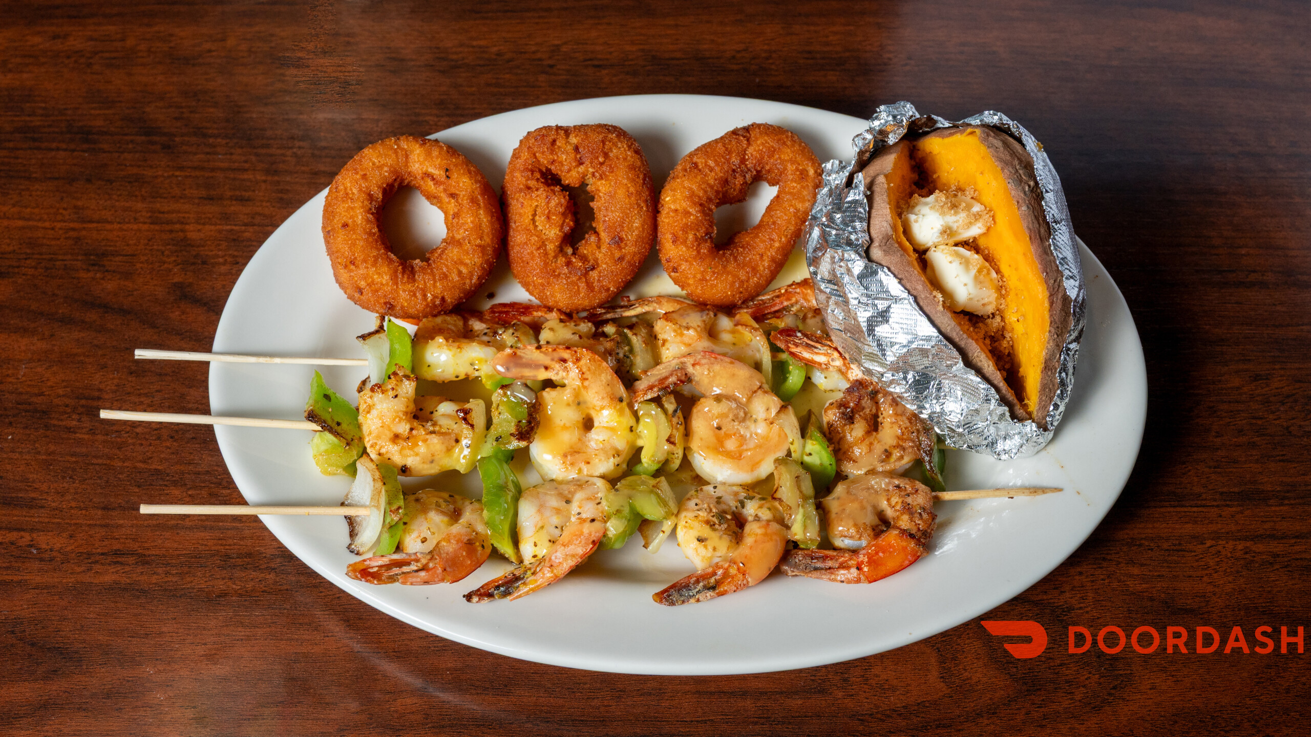 Grilled shrimp skewer plate at Mayfair Seafood
