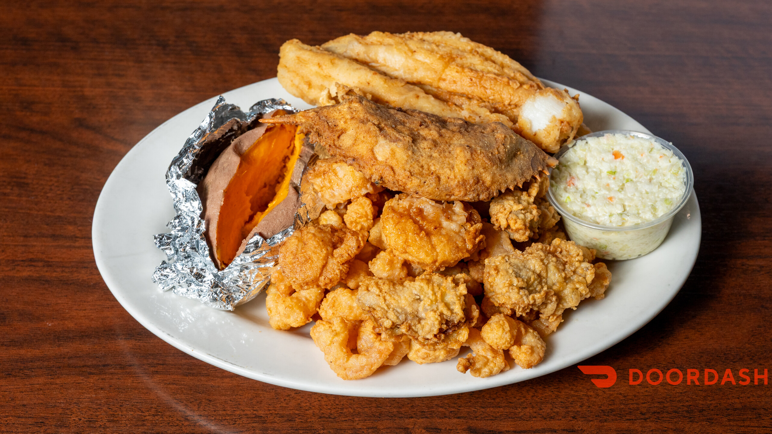 A family-style seafood plate served at Mayfair Seafood in Monroe, NC