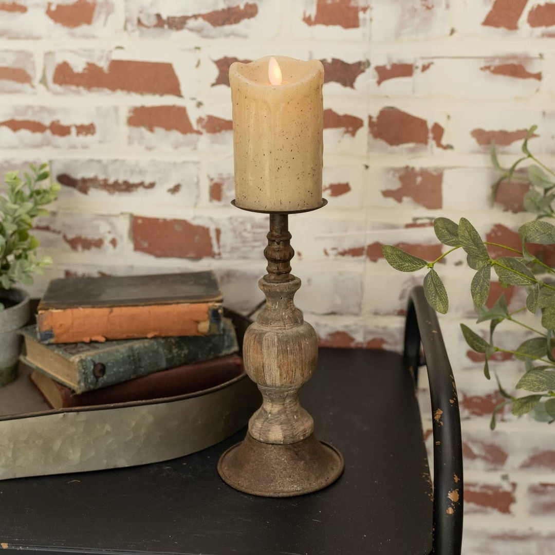 9.5" AGED WOOD & METAL SPINDLE CANDLESTICK