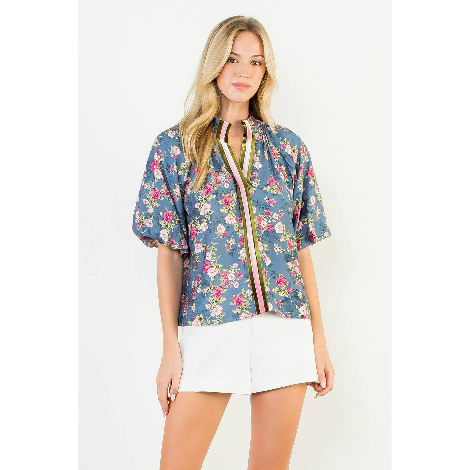 Paige Puff Sleeve Floral Detail Top in BLUE