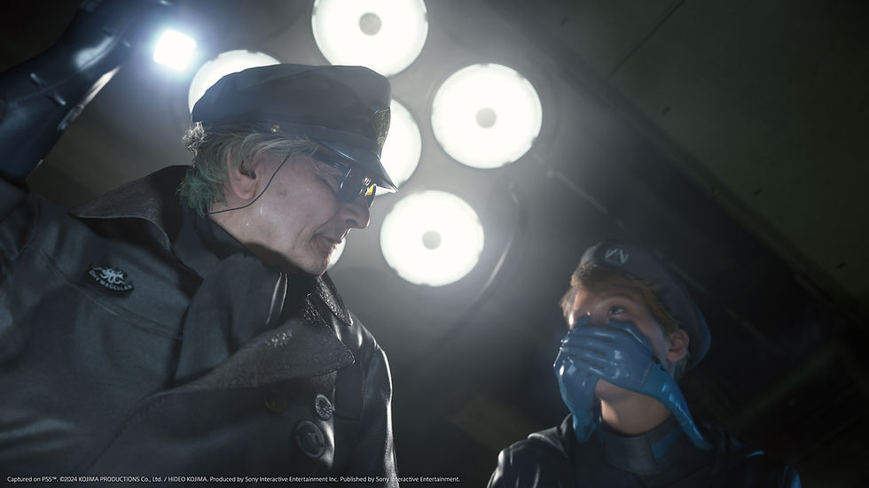 Two people in dark uniforms under bright lights, one wearing glasses and a hat, the other with face covering, in a tense, dramatic setting.