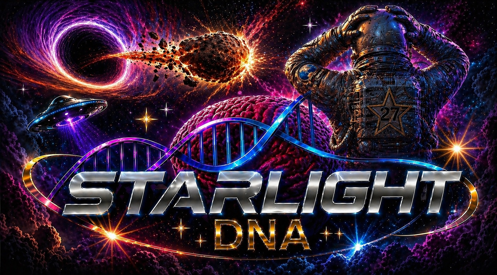 Astronaut, black hole, DNA helix, UFO, and 'STARLIGHT DNA' text.