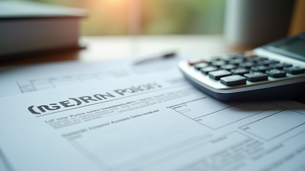 Close-up view of insurance policy documents and calculator on desk