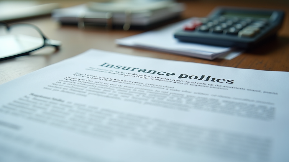 Close-up view of a desk with insurance policy documents and a calculator