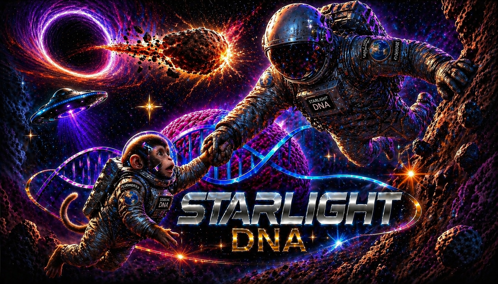 Astronaut and space ape reaching, cosmic DNA, 'STARLIGHT DNA'
