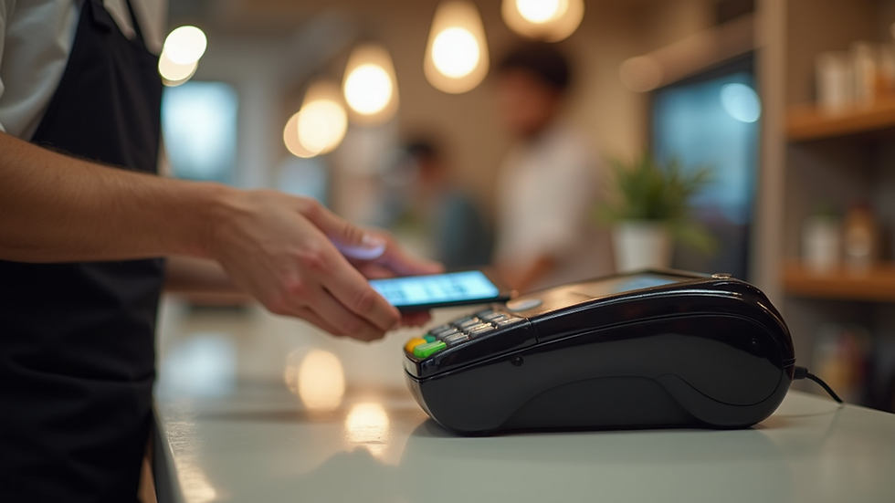 Close-up view of digital payment transactions at a shop counter