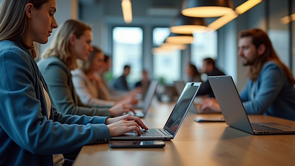 Close-up view of a coworking space with tech professionals working on laptops