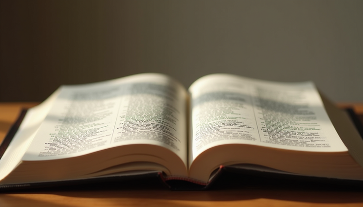 Eye-level view of an open Bible resting on a wooden table with soft natural light