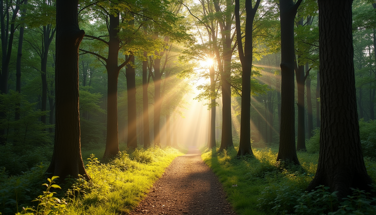 Eye-level view of a quiet path through a sunlit forest, symbolizing guidance and journey