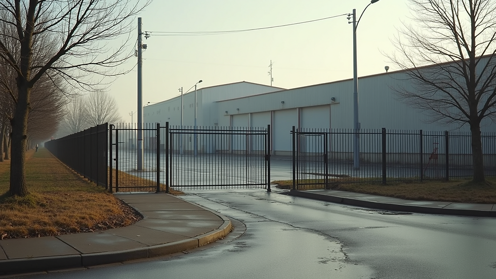 Wide angle view of a well-fenced commercial property