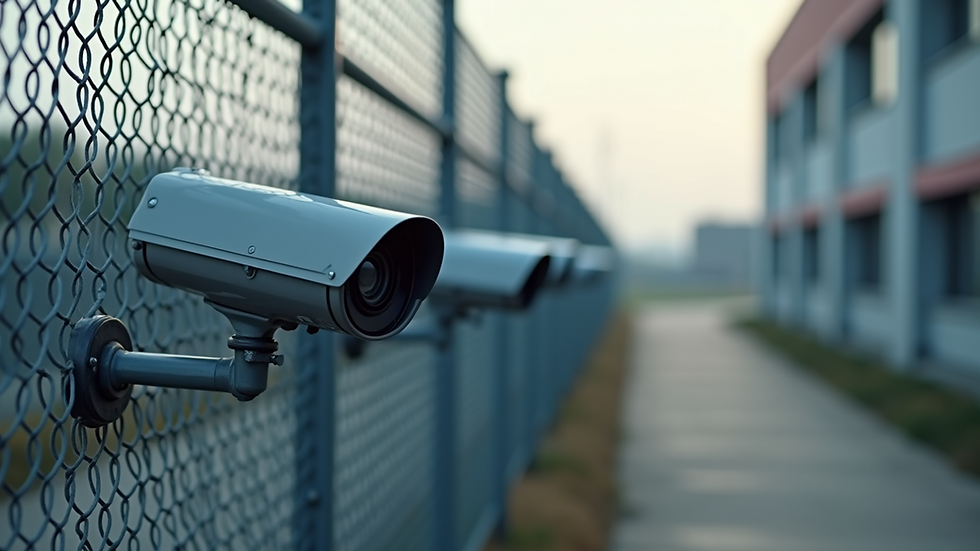 High angle view of surveillance cameras mounted on a commercial fence