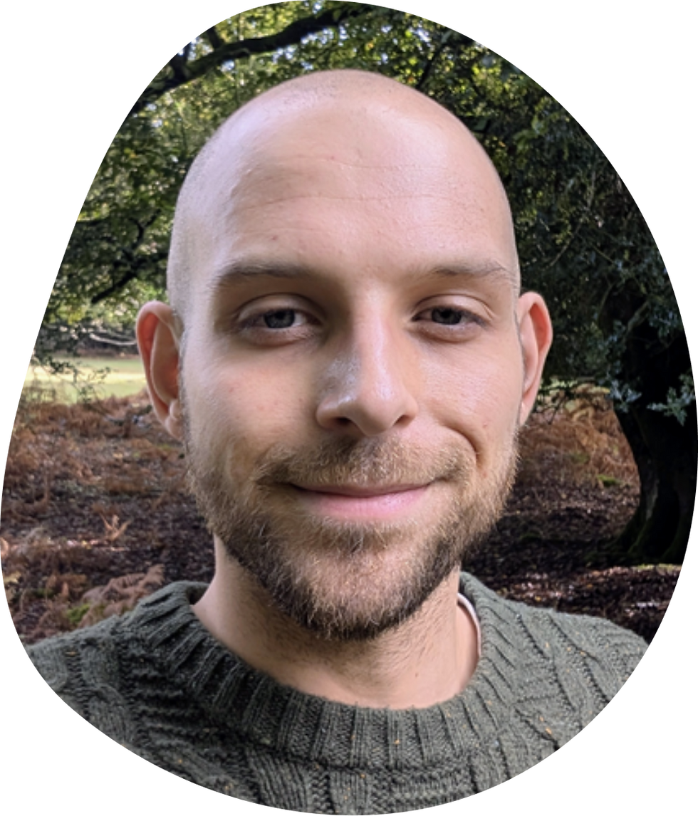 Man with a bald head and beard smiling slightly, wearing a green knit sweater. Background shows a forest with trees and foliage.