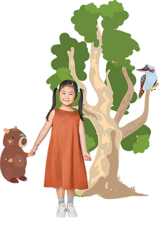 girl in orange dress, illustrated wombat and tree