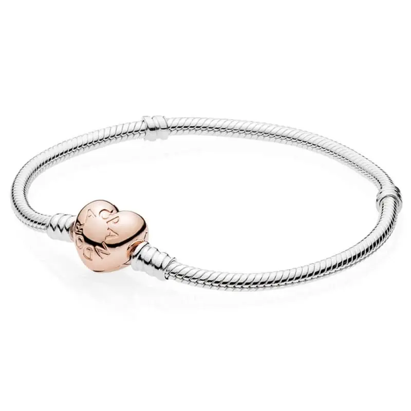 Pandora Rose Heart Clasp Silver Snake Chain Bracelet
