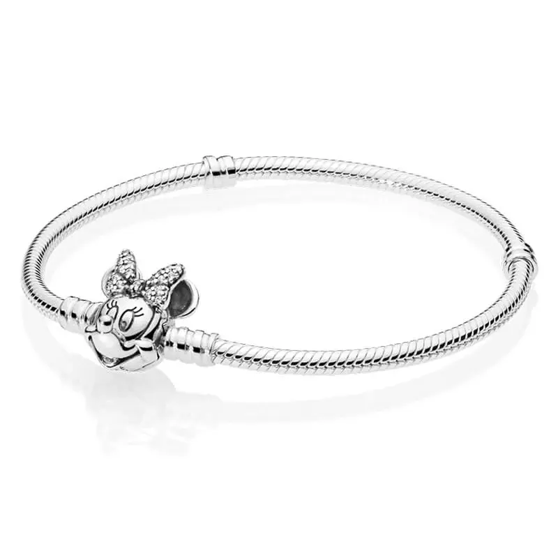 Pandora Sparkling Minnie Mouse Clasp Silver Snake Chain Bracelet