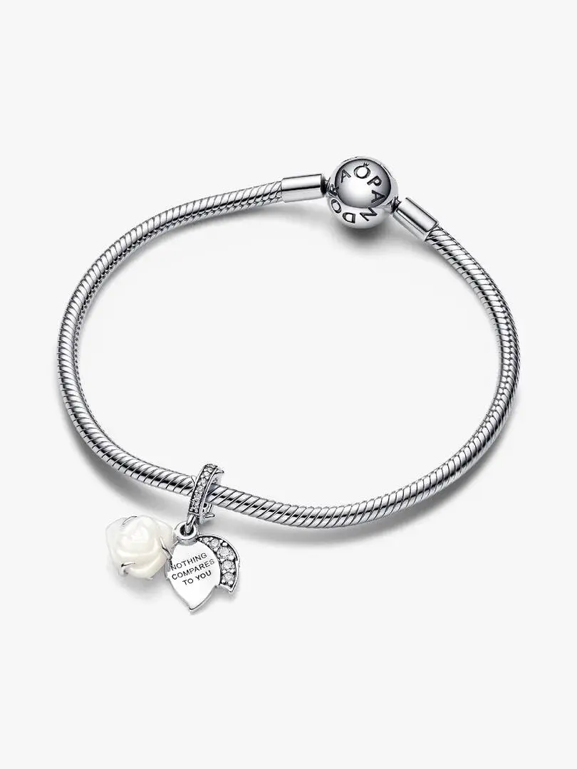 Thumbnail: Pandora Silver White Rose in Bloom Double Dangle Charm