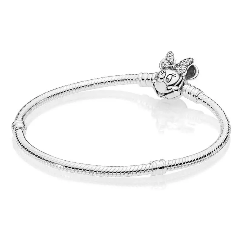 Thumbnail: Pandora Sparkling Minnie Mouse Clasp Silver Snake Chain Bracelet