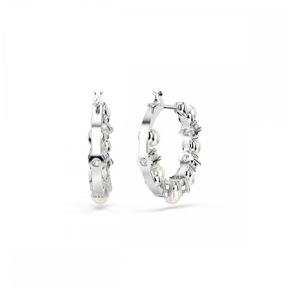 Thumbnail: Swarovski Constella Round Cuts Crystal and Crystal Pearl Hoop Earrings