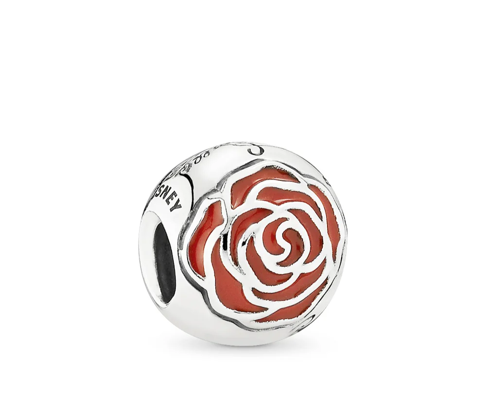 Pandora Disney Belle Enchanted Red Rose Silver Charm