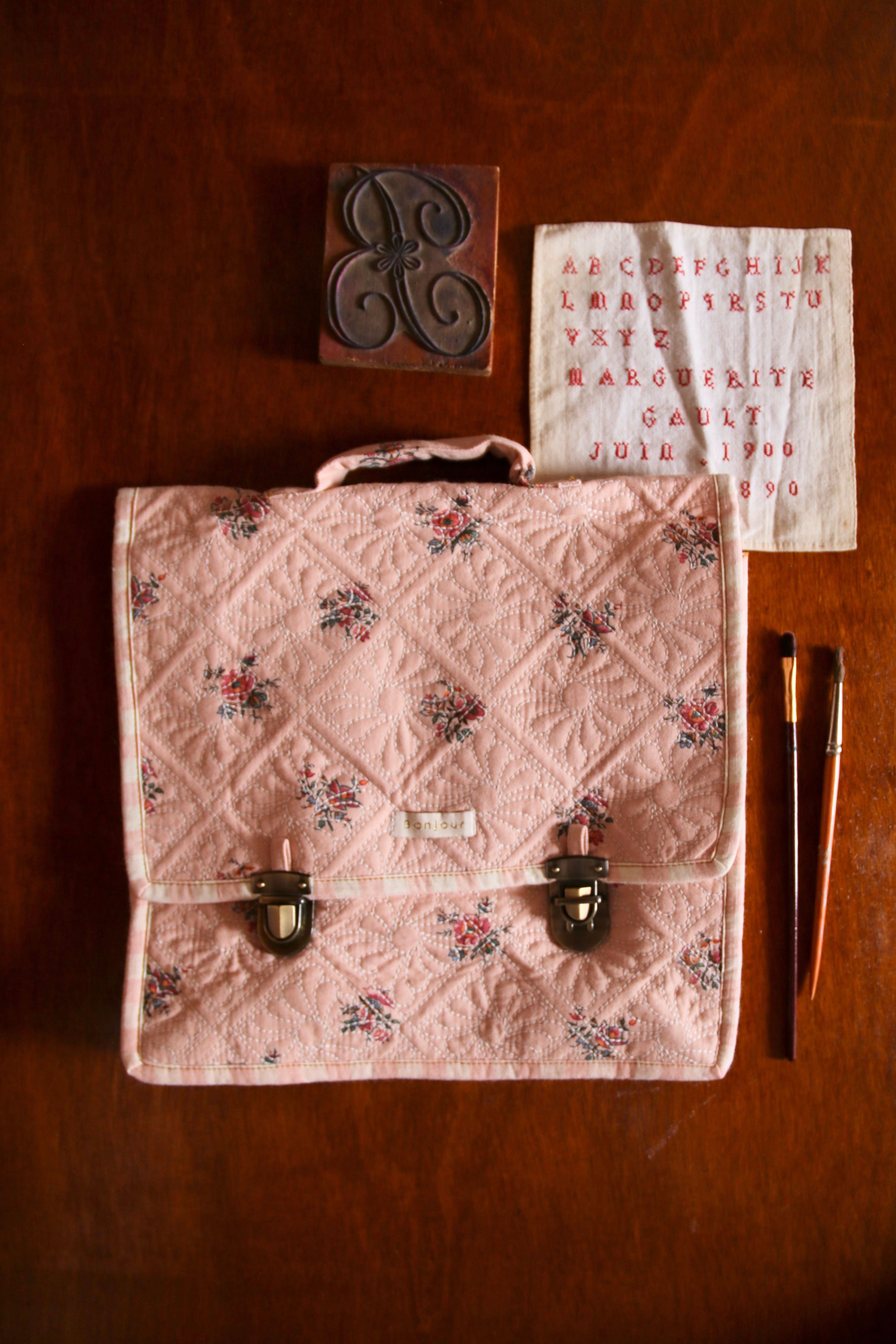 Quilted School Bag, Garden Flowers Pink - Bonjour Diary