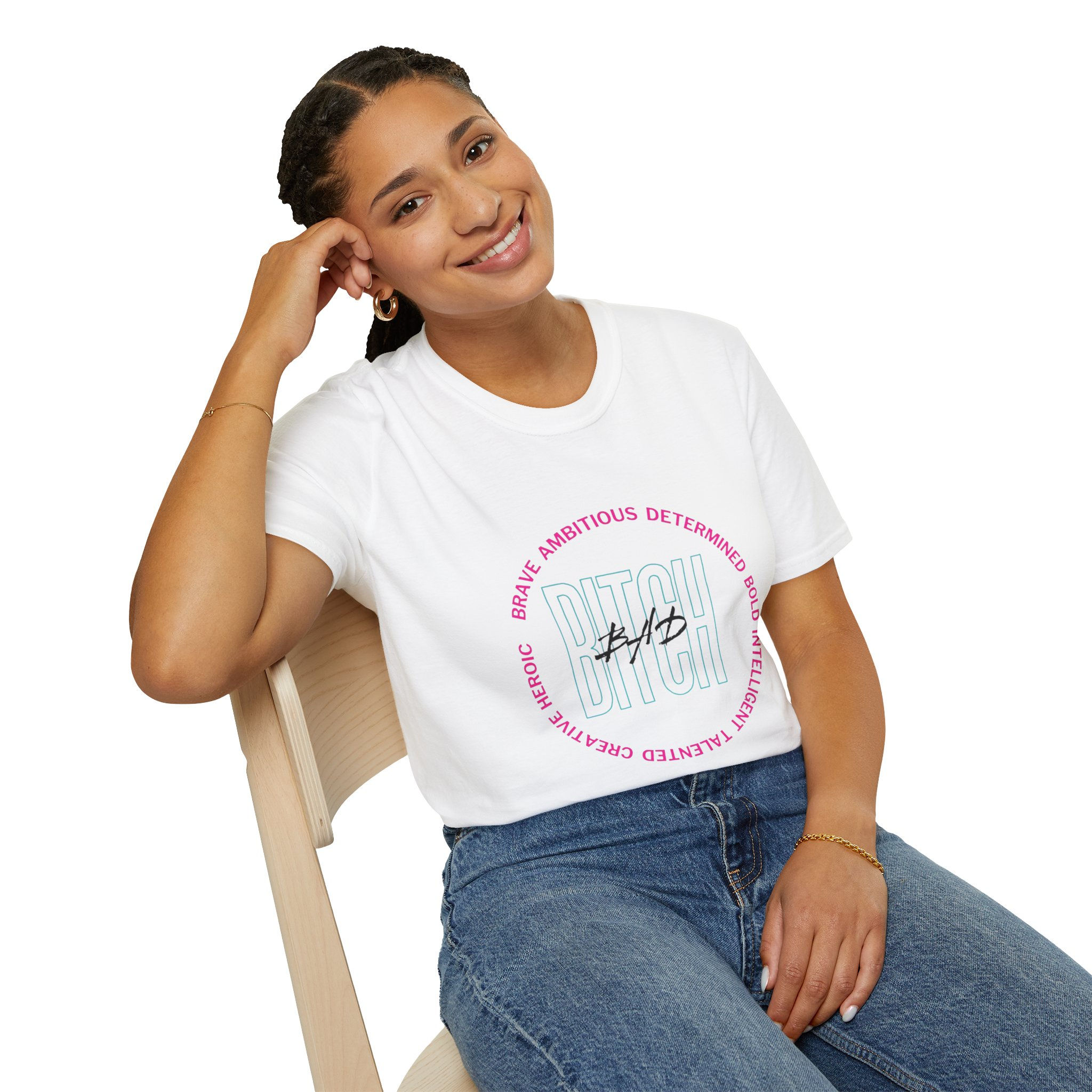 Woman smiling, wearing Bad Bitch Logo Unisex Softstyle T-Shirt