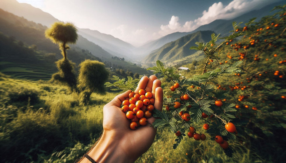 Hand picking a ripe Kaphal berry with green hills in the background.