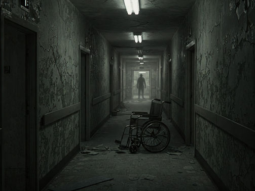 Haunted hospital corridor with cracked walls, flickering tube lights, and an abandoned wheelchair at the end. Eerie shadows and desaturated blood-red hues create an unsettling, fear-inducing atmosphere. A faint, ghostly figure lurks in the distance, intensifying the chilling, paranormal presence of Dr. Morris Lohaghat’s mystery.