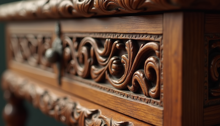 Eye-level view of intricately carved Chiniot wooden chair showcasing detailed craftsmanship