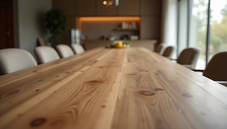 Eye-level view of a handcrafted Sheesham wood dining table set in a modern Karachi home