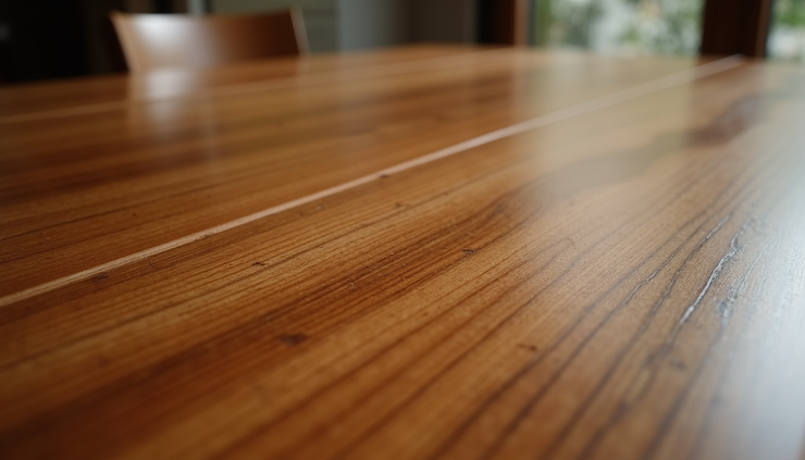 Close-up view of polished Sheesham wood dining table showing natural grain and texture