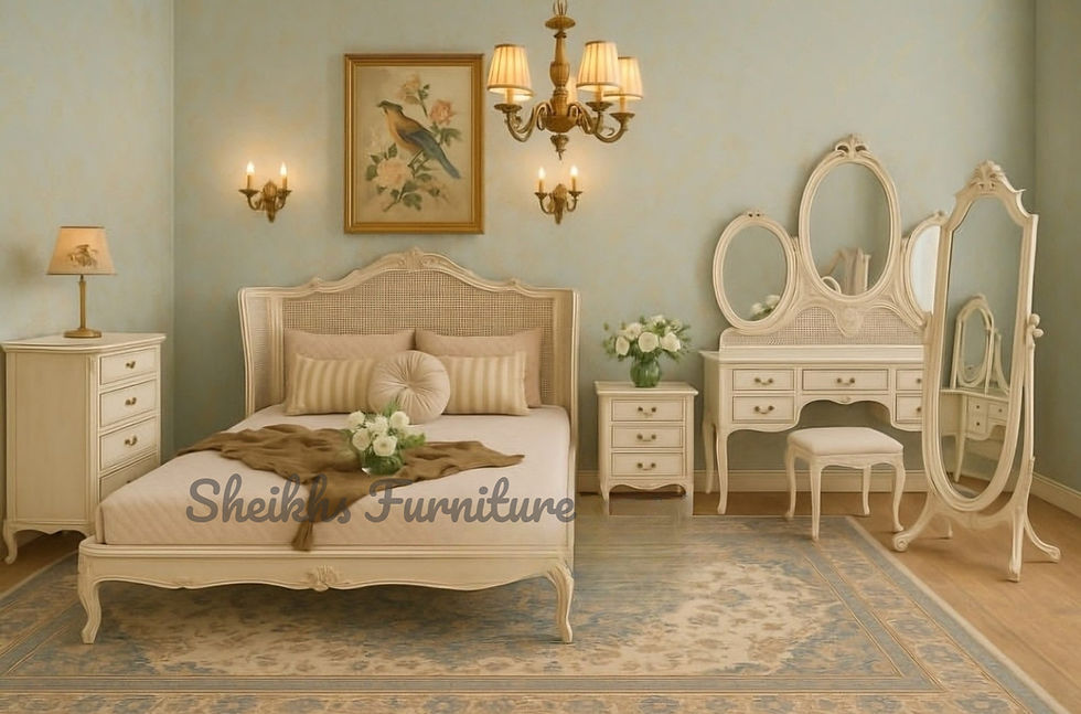 Eye-level view of a handcrafted Sheesham wood dining table set in a Karachi showroom