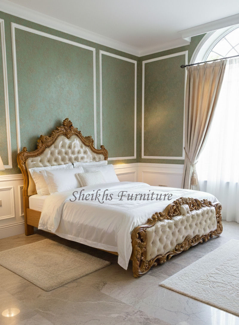 Eye-level view of a modern bedroom featuring sheesham wood furniture with a bed, wardrobe, and nightstands