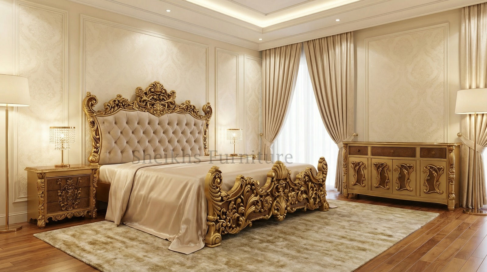 Upholstered Bed Set In Sheesham Wood Ch-1888