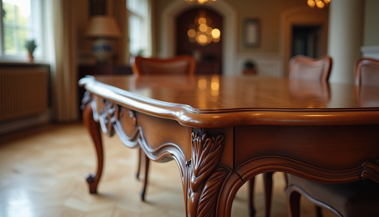Eye-level view of a handcrafted rosewood dining table in a Karachi showroom