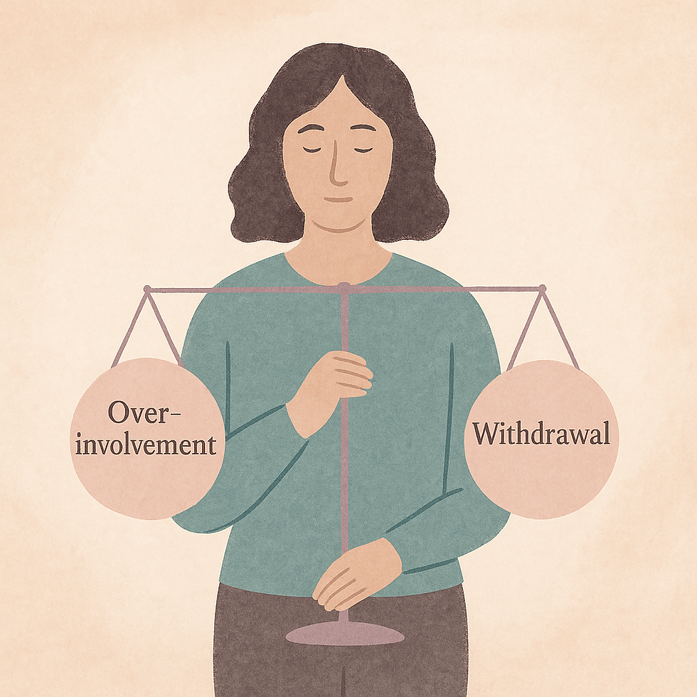 A soft, sketch-style illustration of a therapist standing on a seesaw that tilts between “Over-involvement” and “Withdrawal,” symbolising the natural oscillation between rescuing and guarding that trainees experience when learning relational boundaries.
