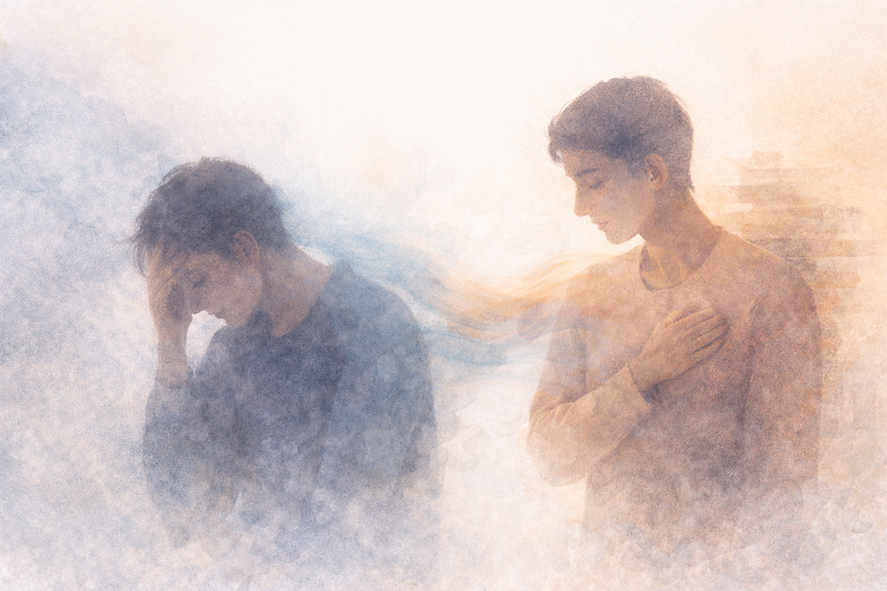 兩個人之間有一種無形的重量流動,呈現親密關係中情緒壓力的累積與次級壓力(secondary stress)的影響。