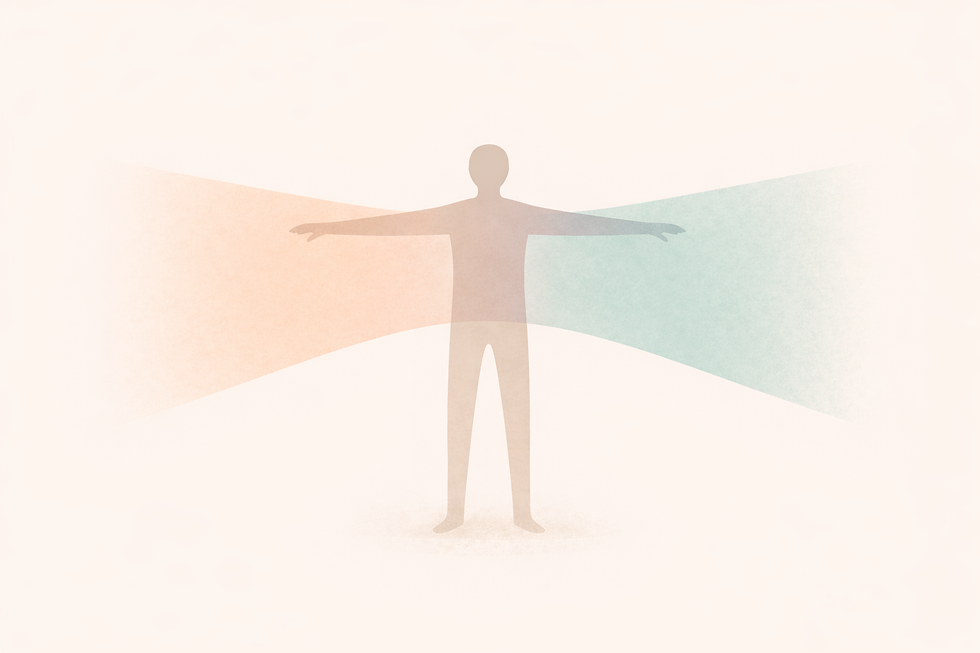 Illustration of bicultural professional experiencing pressure to adapt in workplace culture.