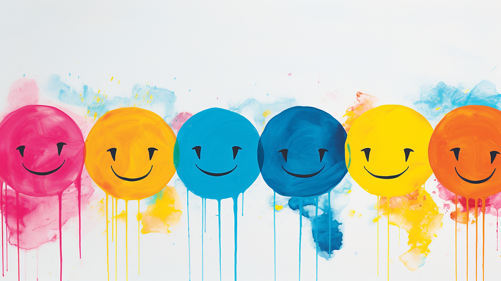 Emotionally Intelligent Smiley faces in pink, yellow, blue, and orange with paint drips, set on a white background with splashes of color, create a cheerful mood.