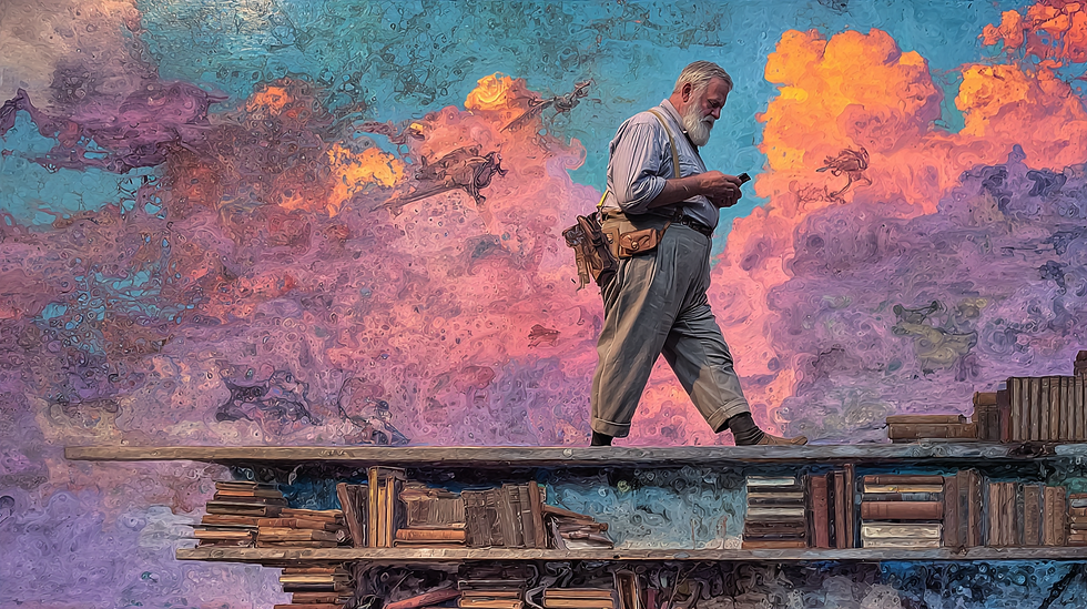 Man walking on a stack of books against a colorful, surreal sky with vibrant pink, purple, and orange clouds, creating a dreamy mood.