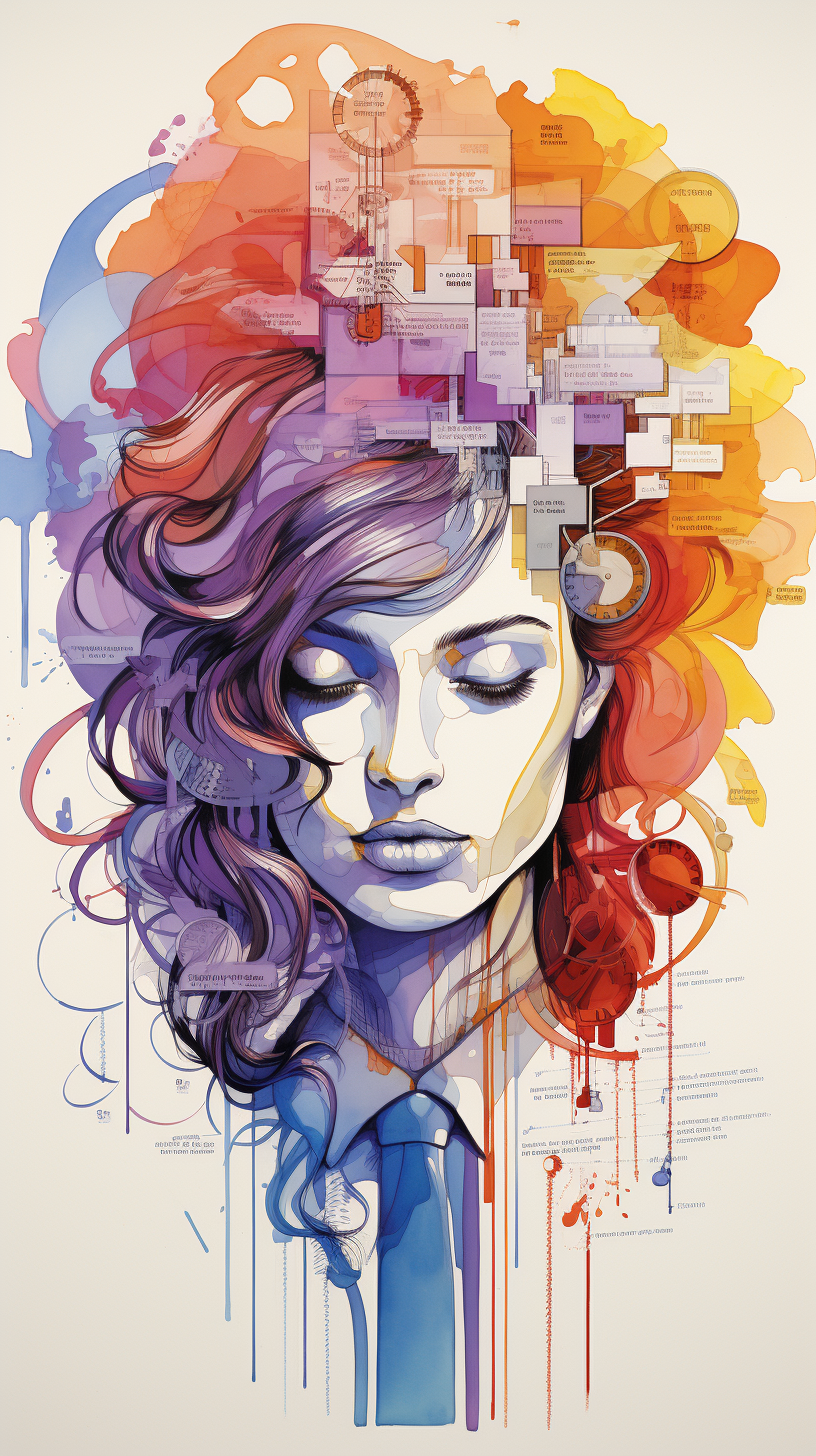 Portrait of a woman with closed eyes, surrounded by abstract colorful swirls and diagrams in orange, blue, and purple hues; thoughtful mood.